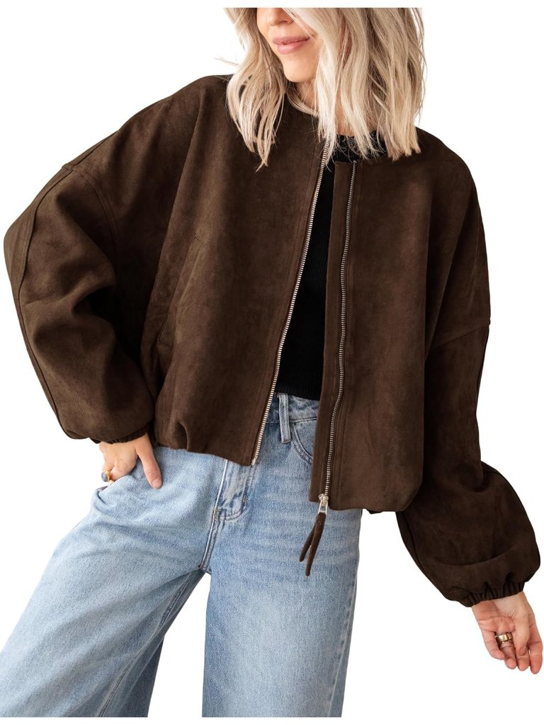 Women's Coffee Faux Suede Oversized Bomber Jacket Cropped Motorcycle Coat